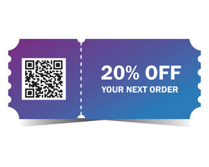 Coupon ticket template with QR code 20% off discount voucher vector design