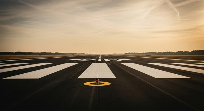 Empty Airport Runway at Sunrise with Markings and Light.