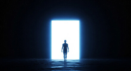 Obraz premium Person walking towards a bright light in a dark space, symbolizing hope, opportunity, and the journey towards a new beginning