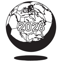 Black and White Graphic of a Soccer Ball Globe Featuring the North American Continent and Year 2026