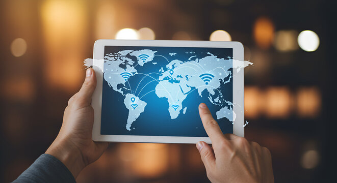 Global Connectivity: Tablet Displaying Worldwide Network and Communication Hubs