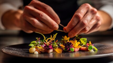 Chef arranging gourmet dish