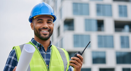 Confident Construction Foreman Ensuring Project Success with Clear Communication and Strategic Planning on a Modern Building Site for Infrastructure Development Growth
