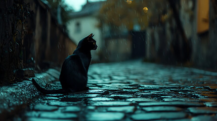 A black cat is sitting on a wet cobblestone street