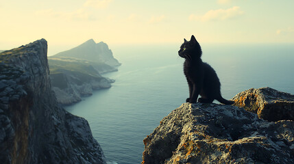 A black cat is sitting on a rock overlooking the ocean