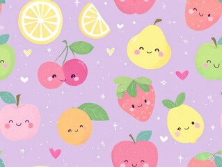 Colorful fruits with smiling faces create a playful pattern on a soft purple background, perfect for childrens decor and crafts.