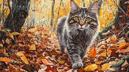 A cat is walking through a forest of autumn leaves