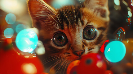 A kitten is looking at the camera with its eyes wide open