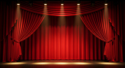 Fototapeta premium Theatrical Elegance: Red Curtains and Spotlight Illumination for a Grand Stage Performance a Captivating Setting for Drama Theatre Show Art Entertainment