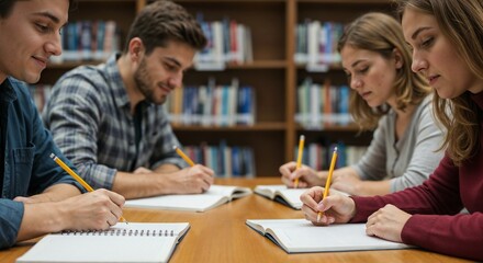 Four students studying together and taking notes in library  