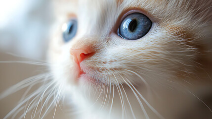 A kitten with blue eyes and a pink nose