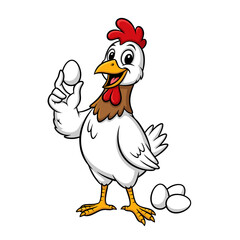 Happy cartoon chicken illustration holding an egg and giving a thumbs up with a few eggs nearby