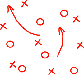 Hand-drawn red strategy diagram with Xs, Os, and arrows. Perfect for illustrating game plans, tactics, coaching, teamwork, and sports strategy concepts.

