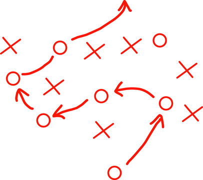 Hand-drawn red strategy diagram with Xs, Os, and arrows. Perfect for illustrating game plans, tactics, coaching, teamwork, and sports strategy concepts.
