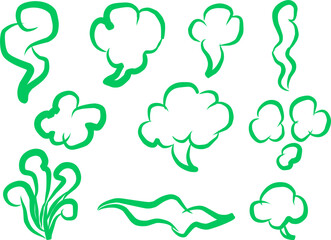 Set of hand-drawn green smoke and cloud doodles in cartoon style. Fun comic effects perfect for illustrations, manga, design projects, and creative artworks.