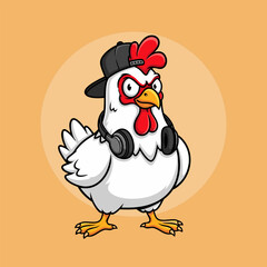 Cool Chicken Illustration Wearing Headphones and a Cap, Fun Animal Art