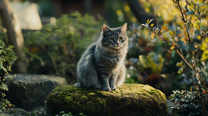 A cat is sitting on a mossy rock in a garden
