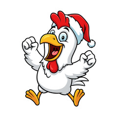 Cheerful cartoon chicken wearing a Santa hat, celebrating Christmas with excitement illustration