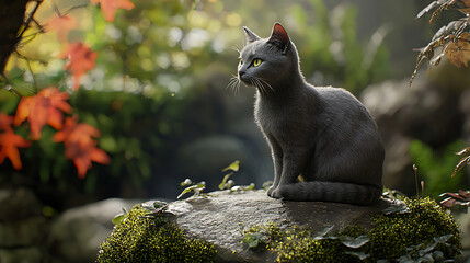 A grey cat is sitting on a rock in a forest