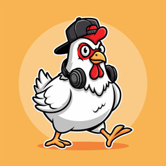 Cool Chicken Illustration Wearing Headphones and Cap, Cartoon Animal Character with a Hip Hop Vibe