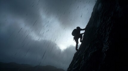Obraz premium Climber ascending rocky face stormy weather