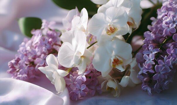 White orchid flowers and lilac violet flowers in one pile - Powered by Adobe