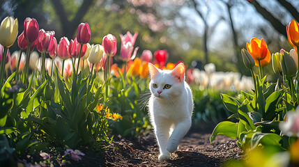 A white cat is walking through a garden with many flowers