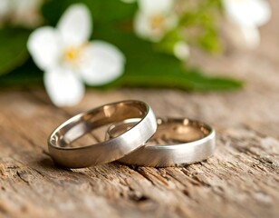 Two wedding bands on weathered wood with flowers
