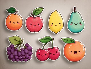 A collection of colorful cartoon fruit stickers features smiling oranges, apples, lemons, pears, grapes, and cherries on a light gray surface.