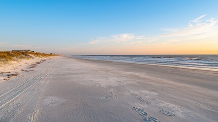 A picturesque beach at sunset, with delicate waves caressing the shoreline. The vibrant sunset colors blend seamlessly into the horizon, creating a dreamlike atmosphere. Soft footprints in the sand