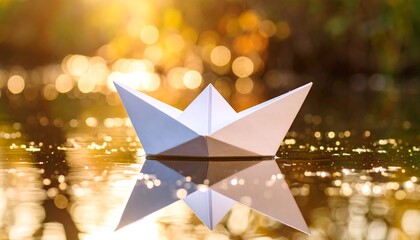 Paper Boat Floating on Water with Reflection and Bokeh Background