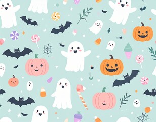 Seamless kawaii style Halloween pattern featuring cute pumpkins, ghosts, bats, and candy in pastel colors
