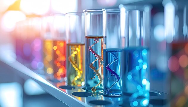 Colorful Liquids in Test Tubes with Simulated Dna Strands Illuminated by Soft Light for Science and Research in Laboratory Setting