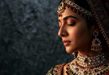 Elegant young Indian bride adorned in exquisite traditional Kundan wedding jewelry and attire