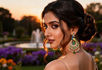 Elegant Indian Bride Wearing Peacock Jhumka Earrings in a Royal Garden at Dusk