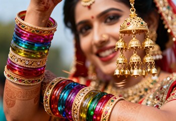 Close-up of a joyful Indian bride showing her colorful bangles and golden kalire jewelry