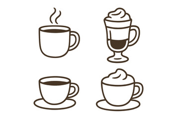 Collection of various coffee cups and mugs with hot beverages and whipped cream
