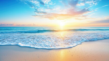 An idyllic beach sunset, where gentle waves meet the shore, illuminated by the warm glow of the setting sun. The composition features smooth sand with a subtle texture and a calm sea that reflects
