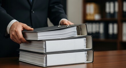Businessman Holding Stack of Black File Folders on Wooden Desk.