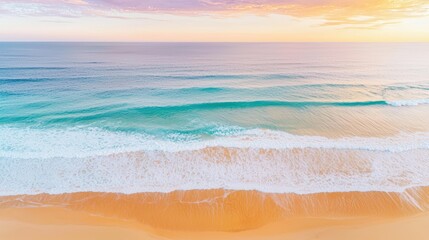 A calming beach scene at dusk, where soft waves lap against a golden sandy beach. The sky transitions from a bright orange to deep purple as the sun sets, with clouds catching the light. The image