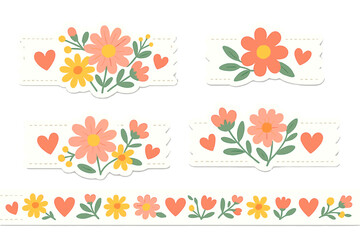 Cute floral borders with hearts and dashed lines for decorative design elements