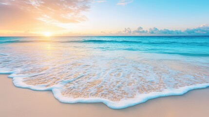An enchanting beach landscape during sunset, characterized by gentle waves washing over a smooth shoreline. The vibrant colors of the sunset beautifully contrast with the soft textures of the sand,