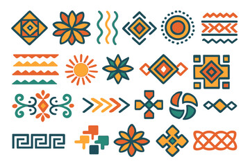Colorful ethnic geometric and organic decorative patterns and design elements