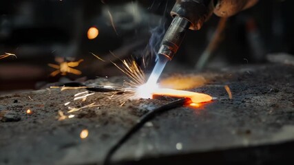 Welder Using Torch to Cut Metal Sheet Creating Sparks and Flames in Low Light - Powered by Adobe