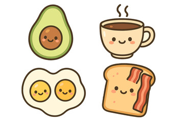 Adorable breakfast food items with smiling faces including avocado coffee egg and toast