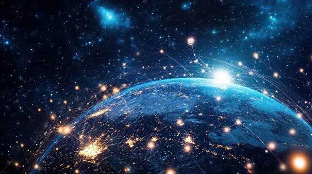 A glowing earth with interconnected lines and stars against a dark blue space background view from above