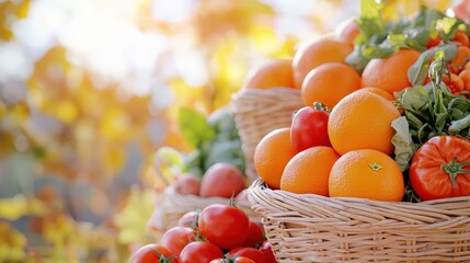 A lively open-air market filled with baskets overflowing with bright oranges, red tomatoes, and green leafy vegetables, all artistically staged against a soft, blurred backdrop of market activity.
