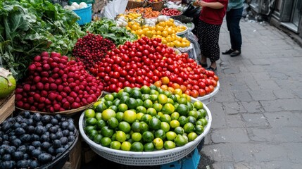 A picturesque scene of a local market showcasing a plethora of vibrant fruits and vegetables, artistically laid out with hints of traditional artisan stalls, while customers engage with vendors,