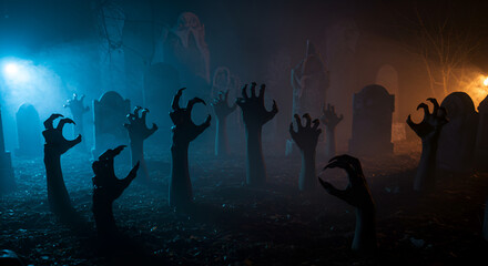 Spooky halloween graveyard scene with zombie hands reaching out of the ground