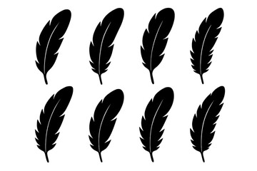 Collection of black feather silhouettes in various shapes and sizes on white background